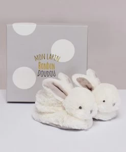 Coffret Cadeau Naissance Chaussons Lapin Taupe Avec Hochet - 0/6 Mois