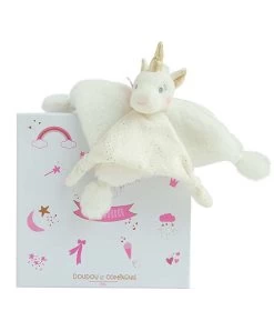 Doudou Plat Licorne Blanche - 22 Cm