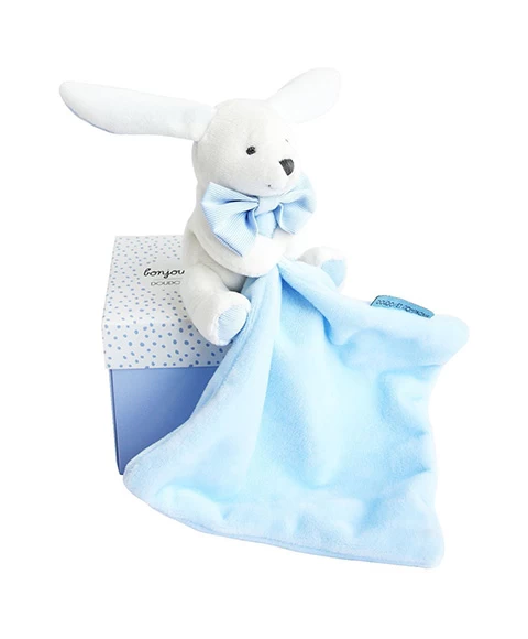 Doudou Mouchoir Lapin Bleu - 10 Cm - Boite Fleur 2 Doudou Mouchoir Lapin Bleu - 10 Cm - Boite Fleur – Image 2