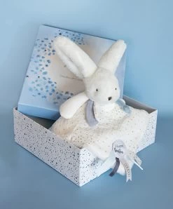 Coffret Doudou Plat Lapin Bleu - Happy Glossy - 25 Cm