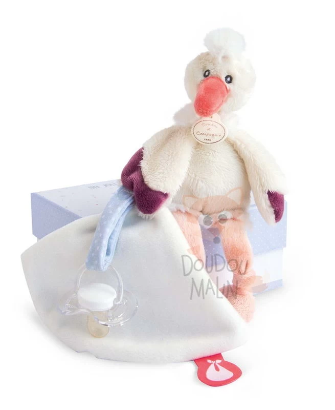 Doudou Et Compagnie - Cigogne Attache-sucette Blanc Orange 1 Doudou Et Compagnie - Cigogne Attache-sucette Blanc Orange