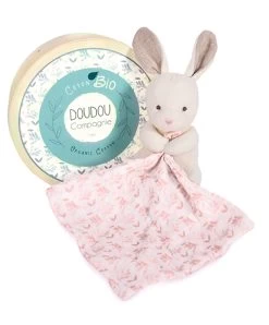 Doudou Mouchoir Lapin Rose En Coton BIO - 15 Cm