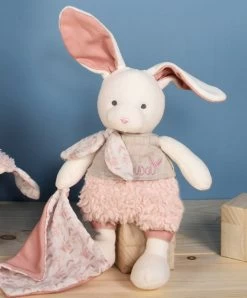 Lapin Peluche écrue Avec Mouchoir Rose En Coton BIO - 22cm