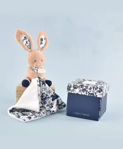 Doudou LAPIN Bleu Marine Avec Mouchoir - BOH'AIME -