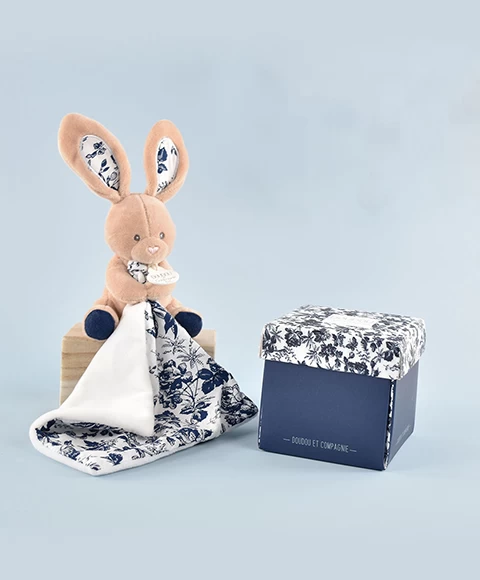 Doudou LAPIN Bleu Marine Avec Mouchoir - BOH'AIME - 1 Doudou LAPIN Bleu Marine Avec Mouchoir - BOH'AIME -