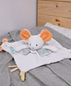 Doudou Plat Souris Blanc Avec Marionnette à Doigt - 30 Cm