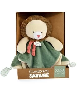 Doudou Plat Lion Beige Et Vert - 25 Cm
