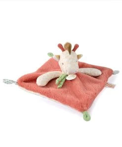 Doudou Plat Girafe Beige Et Rouge -25 Cm