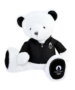 Ours En Peluche Blanc Avec Veste Noire JO2024 - 40 Cm - Collection Premium