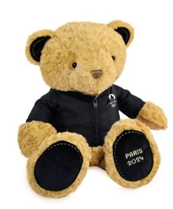 Ours En Peluche Marron Paris 2024 Avec Veste Noire Zippée - 40 Cm